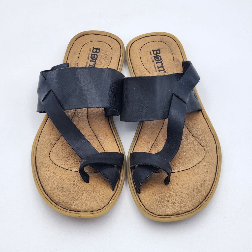 Born Veda Toe Cuff Leather Flat Slip On Comfort Sandals Black Tan Size 8 - Picture 3 of 8